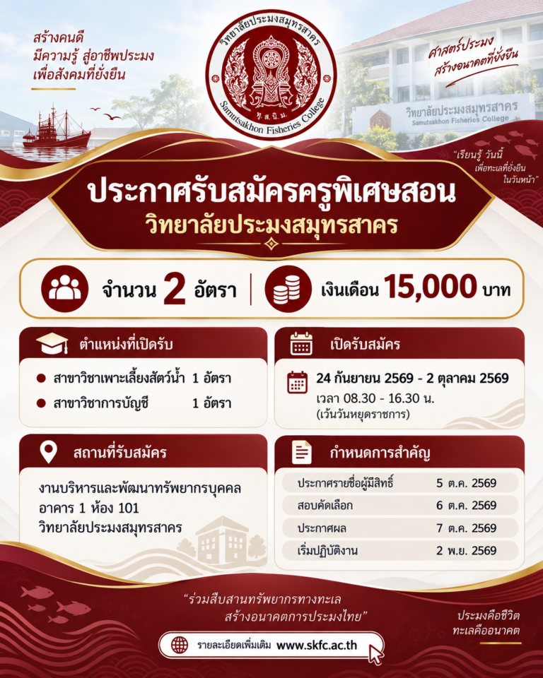 Read more about the article ประกาศวิทยาลัยประมงสมุทรสาคร เรื่อง การคัดเลือกและสรรหาลูกจ้างชั่วคราวรายเดือน ตำแหน่งครูพิเศษสอน จำนวน 2 อัตรา